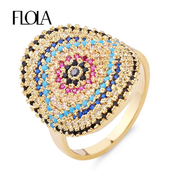 

flola full-zircon big shield plate ring turkish evil eye inlay valentine present finger ring ethnic jewelry rigf15, Golden;silver