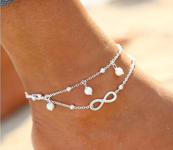 

women fashion pearl bead double chain ankle anklet bracelet barefoot sandal beach foot gift d895s, Red;blue