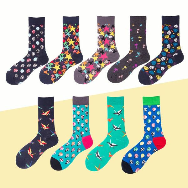 

sgedone men star diamonds socks men funny cool crew and air balloon paper plane funny soft comfort block socks for couple, Black