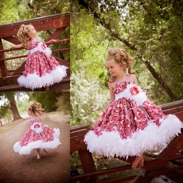

Lovely Feather 3D Floral Flowers Flower Girl Dresses For Weddings Spaghetti Neck Beaded Girl Pageant Dresses Kids Birthday Party Wear