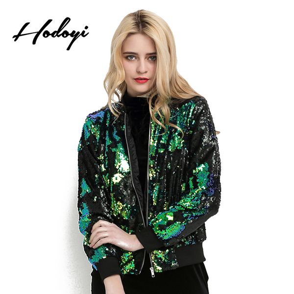 

hodoyi autumn women green sequined jacket casual fashion long sleeve basic coats preppy blingbling mermaid party biker outerwear, Black;brown