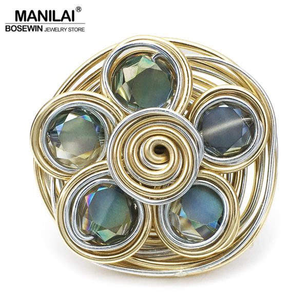 

manilai helical wound crystal big rings for women fashion jewelry gold color wire beads finger statement ring charm accessories, Golden;silver