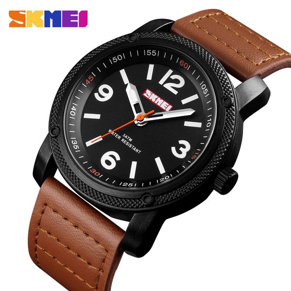 

skmei men's fashion sport watches men quartz clock man leather strap waterproof watch relogio masculino 1417, Slivery;brown