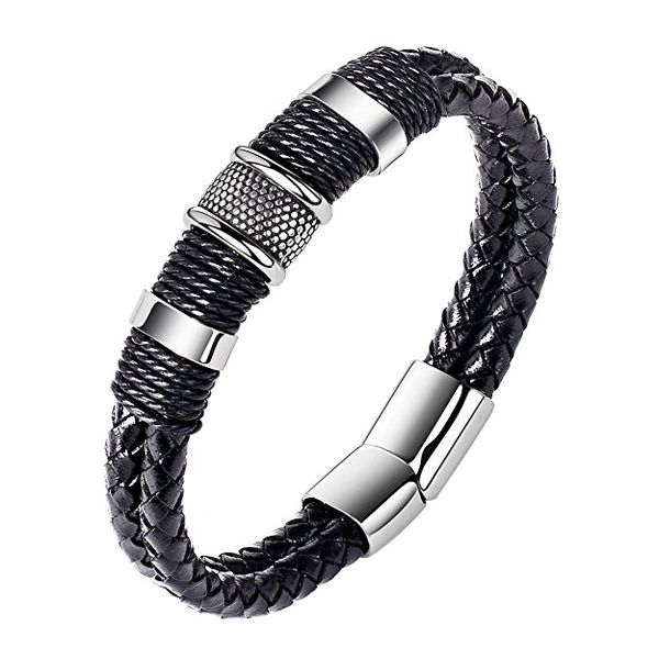 

stainless steel braided genuine leather bracelet cuff bracelet magnetic clasp wrist bangle men gifts jewelry support fba drop shipping h374f, Golden;silver