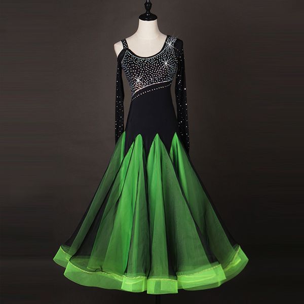 

stage wear green ballroom dance dress fringe standard viennese waltz rhinestone costumes, Black;red
