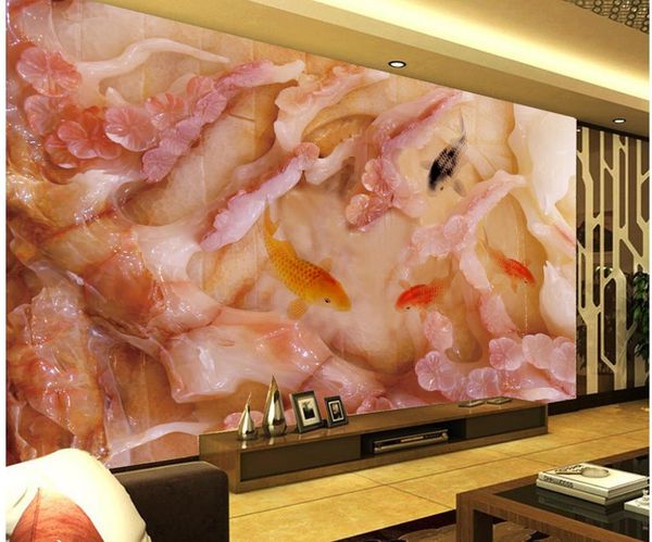 

custom any size mural wallpaper jade plum flower fish tv setting wall reliefs