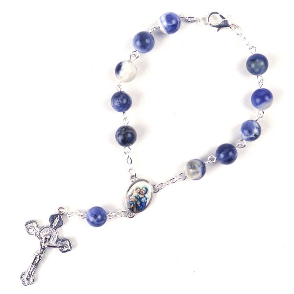 

new fashion round blue white glass beads st joseph catholic decade rosary, Golden;silver