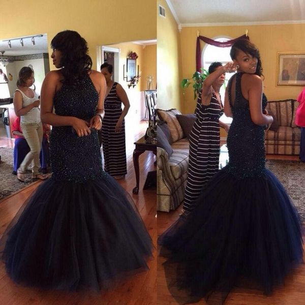 

new fashion prom dresses mermaid tulle evening dress high neck beads tulle beads vestidos de fiesta formal party gowns custom made, Black;red