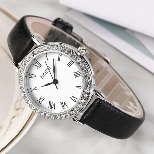 

silver crystal dial quartz women watch simple design ladies small bracelet female watches leather band wristwatch clock women, Slivery;brown
