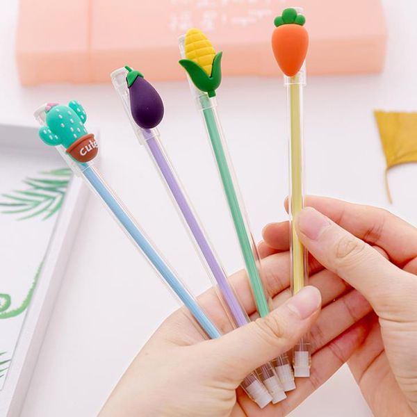 

4 pcs cute fruit radish eggplant cactus gel pens kawaii black ink 0.5mm diy pens for shool office stationery kids gift