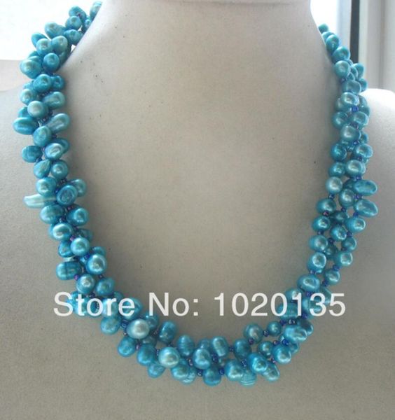 

3rows freshwater pearl + stone rice sky blue 6-8mm necklace 18" beads fppj, Silver