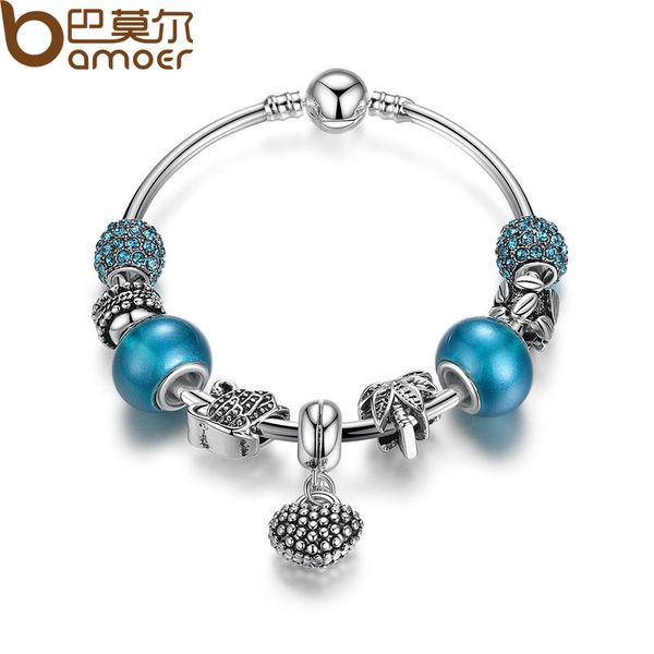 

whole salebamoer silver mother son charm bracelets heart pendant bangle with blue crystal beads mother's day gift pa3075, Golden;silver