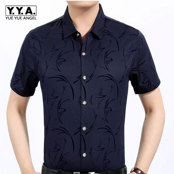 

summer mens silk shirts slim fit gentlemen classic short sleeved homme single breasted printed dress shirts ing, White;black