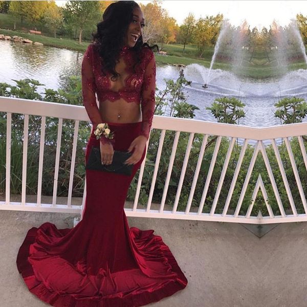 

dark red two piece prom dresses high neck long sleeves sequins beaded lace velvet mermaid prom dresses 2k18 party dresses, Black