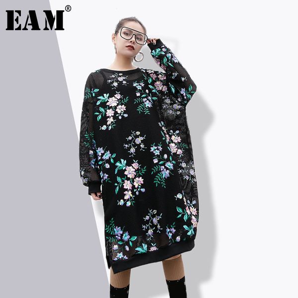 

eam] 2018 new spring round neck long sleeve black hollow out embroidery mesh printed loose big size dress women fashion tide, White;black