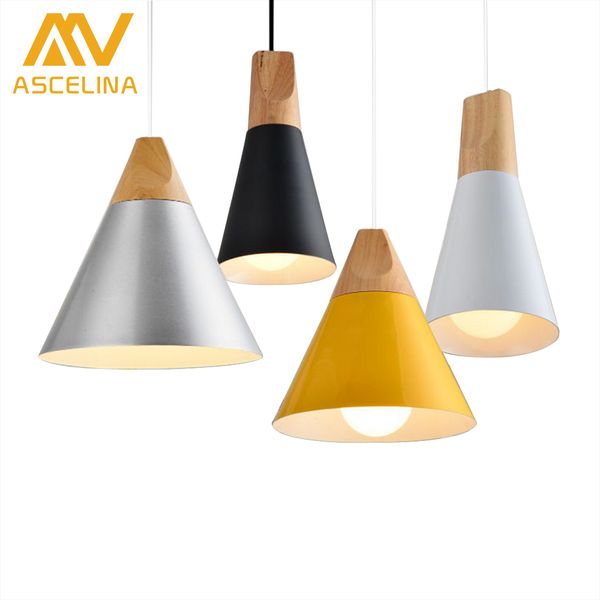 

wooden nordic pendant light for home lighting modern hanging lamp aluminum lampshade led bulb bedroom kitchen light iron e27
