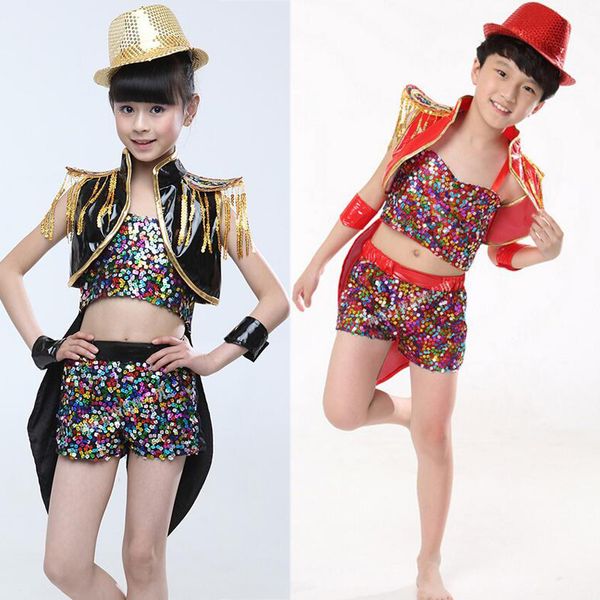 

girls boys gold black ballroom jazz hip hop dance competition costume kid clothing clothes hoodie shirt pants dancing wear, Black;red