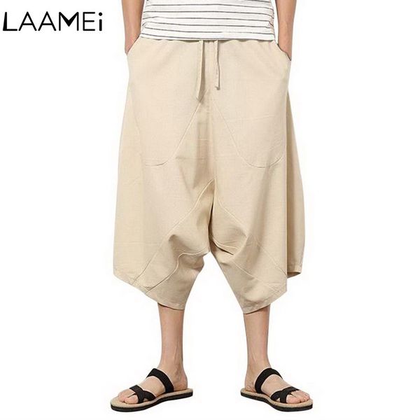 

laamei китайский стиль широкие ноги брюки мужские летние большие льняные мешковатые укороченные брюки мужчины свободные широкие брюки промеж, Black
