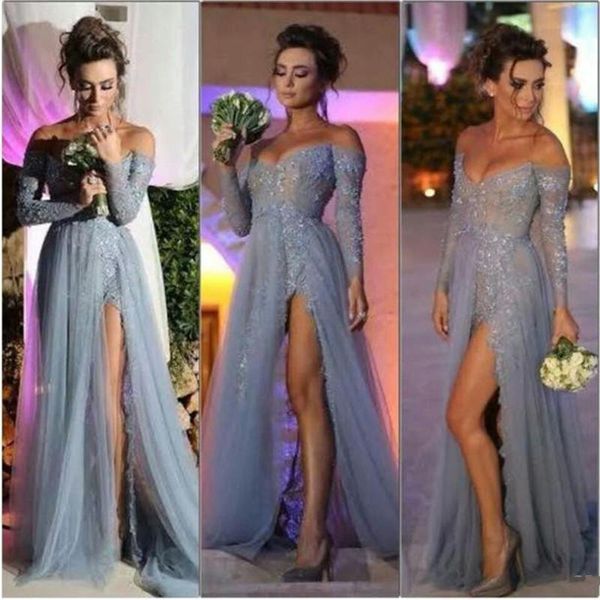 

2020 new fashion long sleeves dresses party evening a line off shoulder high slit vintage lace grey prom dresses long chiffon formal gowns, Black