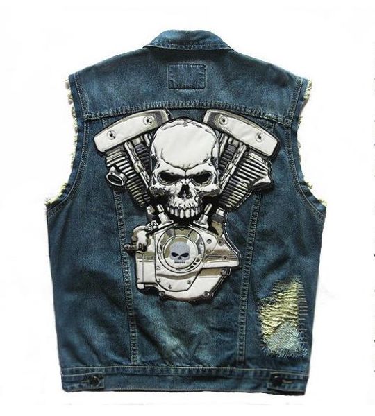 

men's skull patch motorcycle denim vest punk rivet skeleton knight grim reaper embroidered reflective distressed biker vest 5xl, Black;white