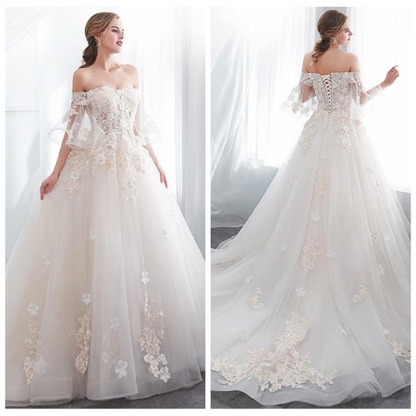 

2019 beautiful off the shoulder lace appliques wedding dresses short sleeves bridal gowns garden vestidos de mariage lace up back, White