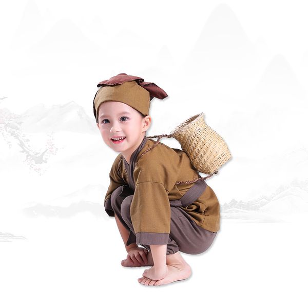 

chinese costume clothing children ancient traditional clothes of han nationality halloween kid linen performance clothing, Black;red