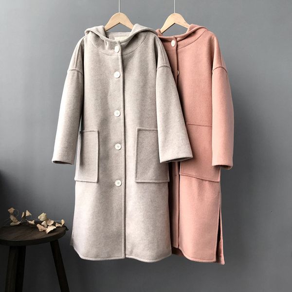 

2018 winter autumn women woolen hooded coats long knee length preppy style solid loose thick wool blend coat pink, Black