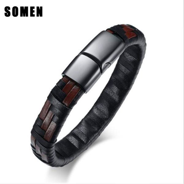 

simple fashion black genuine leather bracelet for men stainless steel high polished bracelets friend gifts pulsera hombre