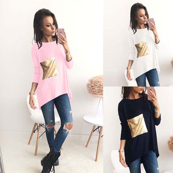 

2018 Autumn Women Long Sleeve T-Shirt Casual Fashion Fitted Workout Sequins Pockets Tee Tops Pink White