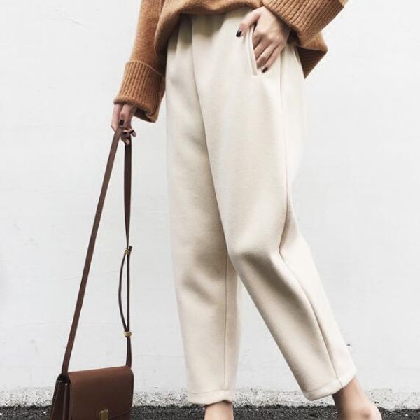 

elegant winter woolen women's harem pants ladies thicken wool warm pants plus size loose sweatpants elastic waist trouser af670, Black;white