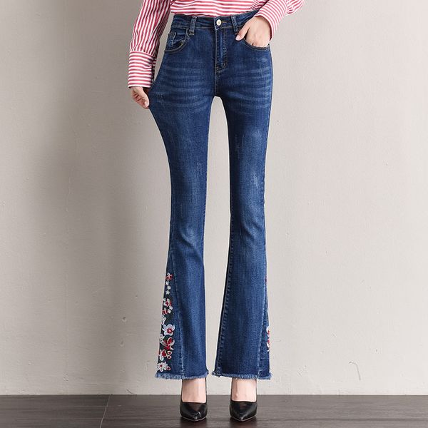 

casual jeans denim embroidery flare pants for women plus size slimming autumn spring high waist capris female new yqy0812, Blue