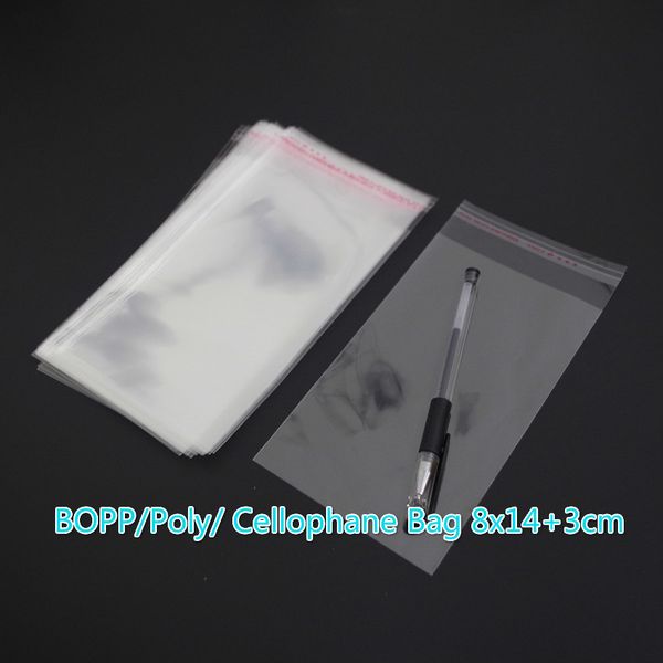 

400pcs clear resealable bopp/poly/ cellophane bag 8x14+3cm transparent opp self adhesive plastic packaging cosmetic packing bags
