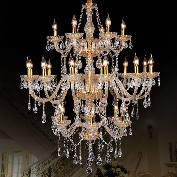 

morden 3 layer 24 arms large gold crystal chandelier stair long crystal chandelier lighting restaurant l hall villa pendant lights