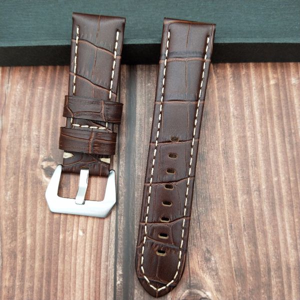 

handmand genuine leather watchband black 24mm watch wristband silver stainless steel buckle strap for man watch band, Black;brown