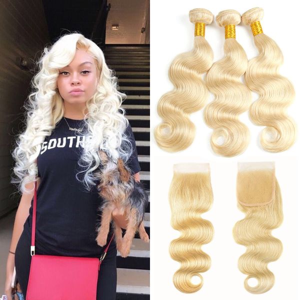 

4x4 part lace closure with bundles #613 blonde pure color body wave brazilian virgin human hair weave wefts with lace closure extension, Black;brown