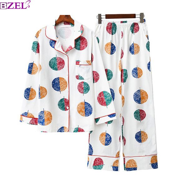 Springautumn Kadınlar 100% Pamuk Uzun Kollu + Pantolon Pijama Set Kadın Renk Noktası Çarpışma Baskı Pijama Bayan Ev Pijama