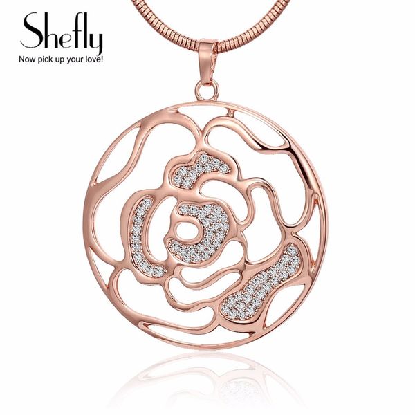 

big rose flower round necklace & pendant for women hollow rose gold long sweater necklaces cubic zirconia jewelry female gifts, Silver