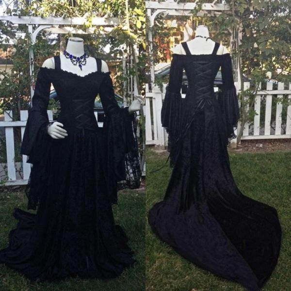 Vestidos de Casamento Gótico preto Do Vintage 2017 Cheia Do Laço Juliet Manga Comprida Lace Up Voltar Longos Vestidos de Noiva Plus Size Custom Made China EN2076