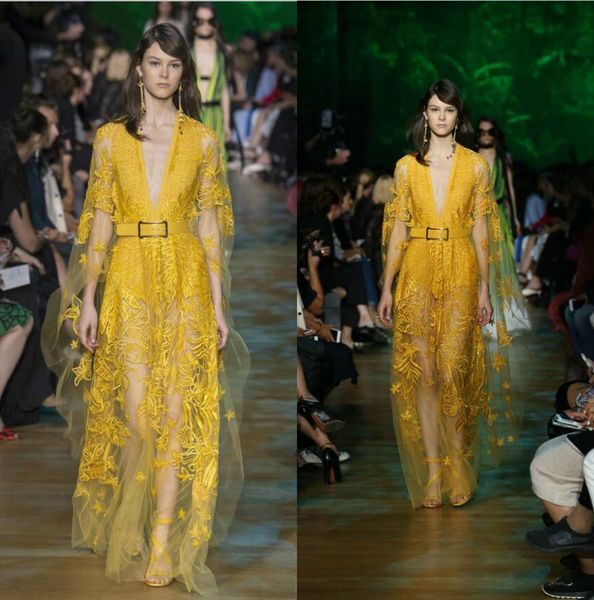 Elie Saab Abiti da sera giallo profondo scollo a V puro illusione promenade pizzo Vestiti con Sash Piano Lunghezza abito speciale occasione