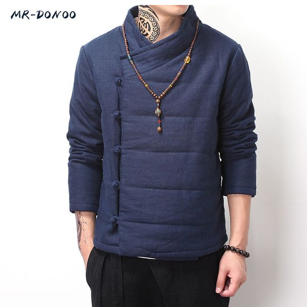 

mrdonoo winter thick cotton - padded jacket male chinese wind retro men 's cotton buckle linen jacket, Black