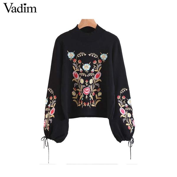 

wholesale-vadim women retro floral embroidery sweater vintage bow tie sleeve black pullover european female casual sueter sw1226, White;black