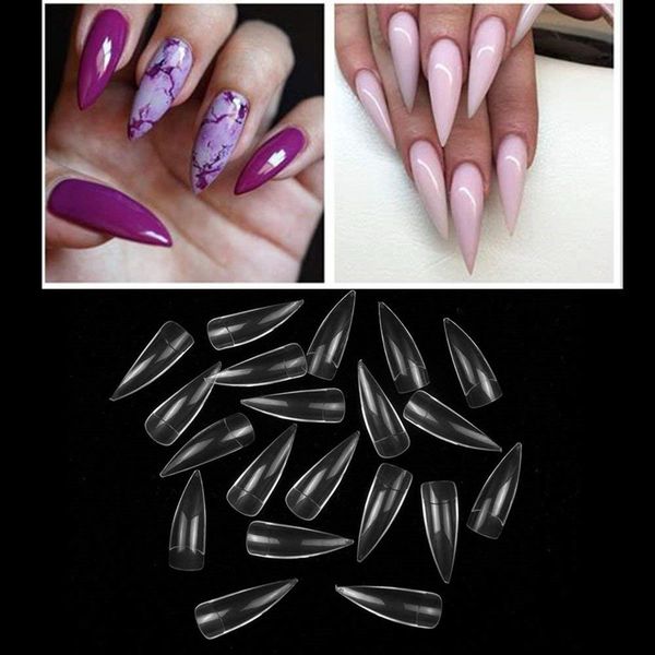 

500pcs/opp stiletto claw nail tips false nails pointy sharp artificial fake nail press on half cover long nails clear/natural, Red;gold