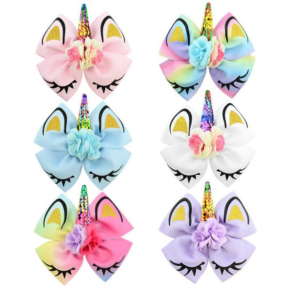 

6.3 inch flipping paillette gilding unicorn flower polyester ribbed bow hairpin kawaii girl headwear 4 colors mixed, Slivery;white