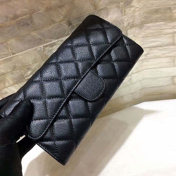

2018 new de igner bag factory genuine leather black caviar flap wallet card holder female long wallet