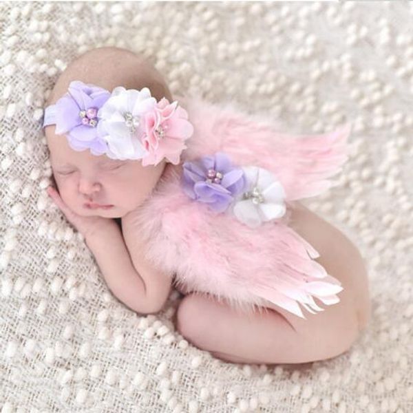 Neugeborenen Baby Fotografie Requisiten Kostüm Niedliches Kleinkind Baby Mädchen Blume Feder Winkel Flügel + Stirnband Baby Zubehör Foto Requisiten Outfits 0-6M