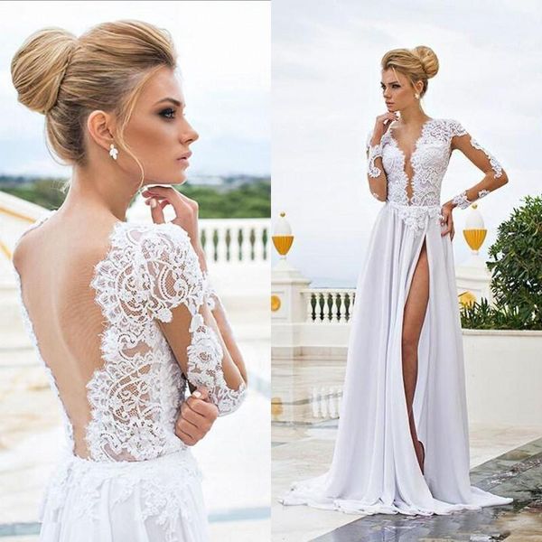 

Sexy Beach Bohemia Wedding Dresses Sheer Lace Appliqued Long Sleeves V Neck Backless Split Chiffon Bridal Gowns White Wedding Party Dress