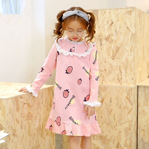 

girls pajamas clothes homewear summer sleepwear children lace patchwork nightgown print strawberry pineapple pajamas s85131a, Blue;red