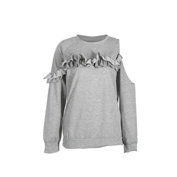 

trendy women clothes long sleeve ruffle round neck solid cotton sweatshirts one shoulder casual pullover one pieces, Black