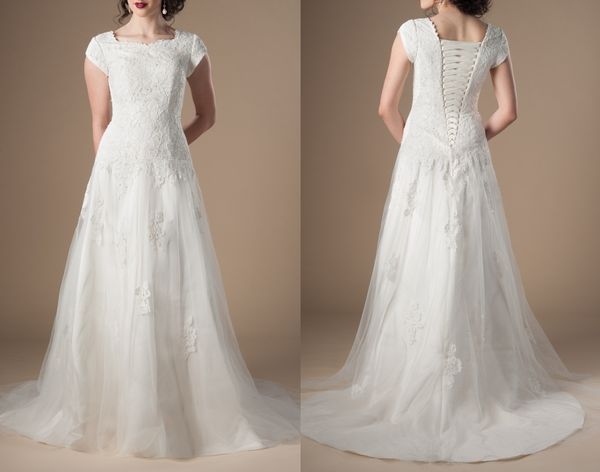 Nuovi abiti da sposa lunghi modesti in pizzo vintage con maniche ad aletta Semplice corsetto in tulle Donna Abiti da sposa LDS Maniche lunghe Vita caduta A-line