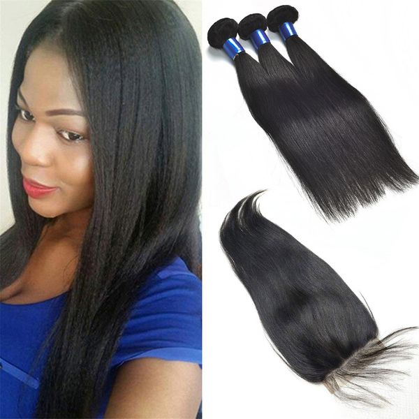 

brazilian virgin hair 3 bundles with 5x5 lace closure straight human hair extensions 4 pieces/lot with baby hairs, Black;brown